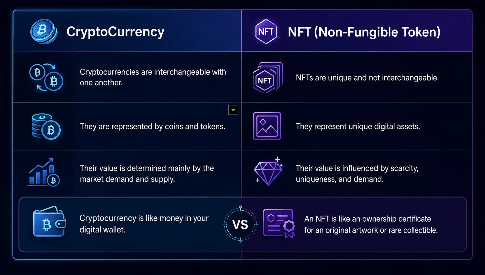 Cryptocurrency vs NFT Comparison Infographic
