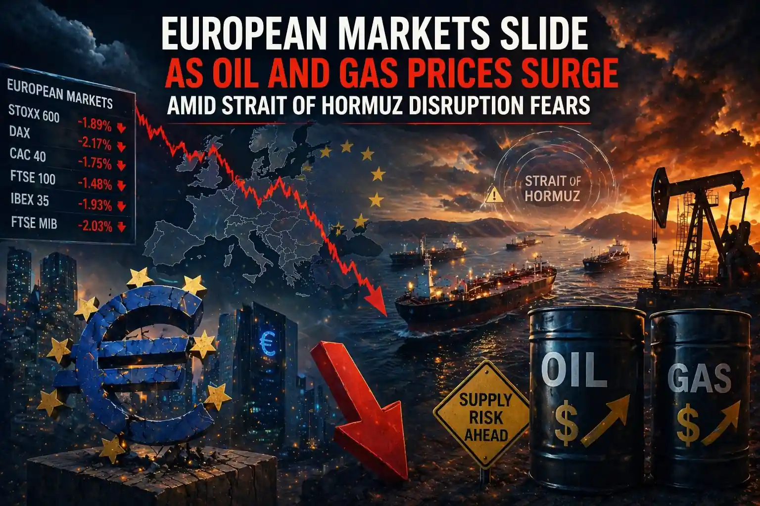 European markets slide as oil and gas prices surge amid Strait of Hormuz disruption fears