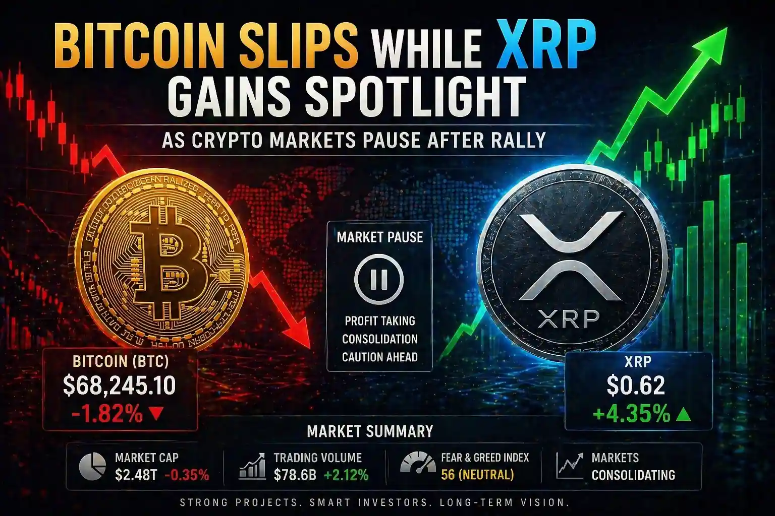 Bitcoin Slips While XRP Gains Spotlight as Crypto Markets Pause After Rally