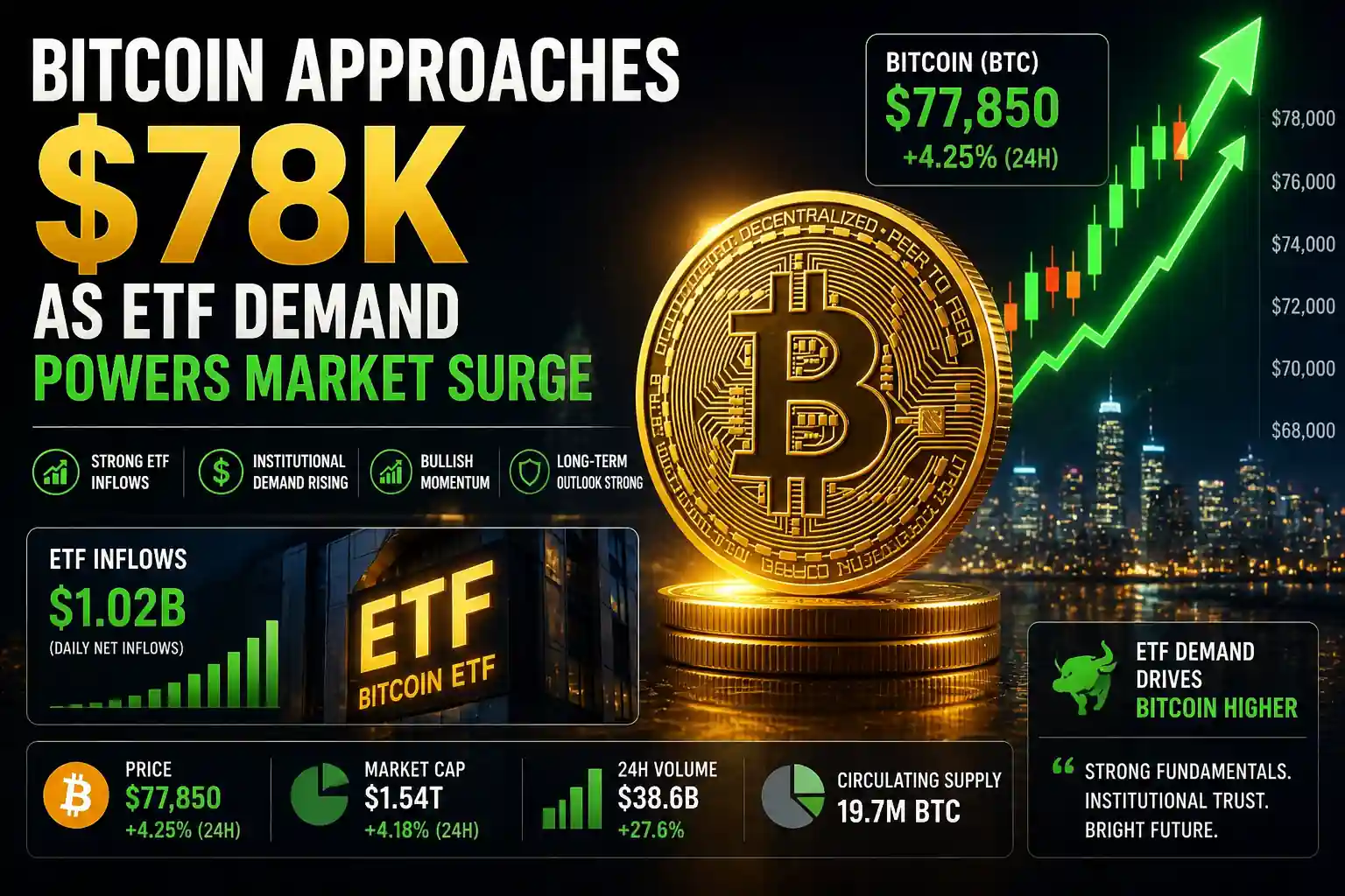Bitcoin Approaches $78K as ETF Demand Powers Market Surge